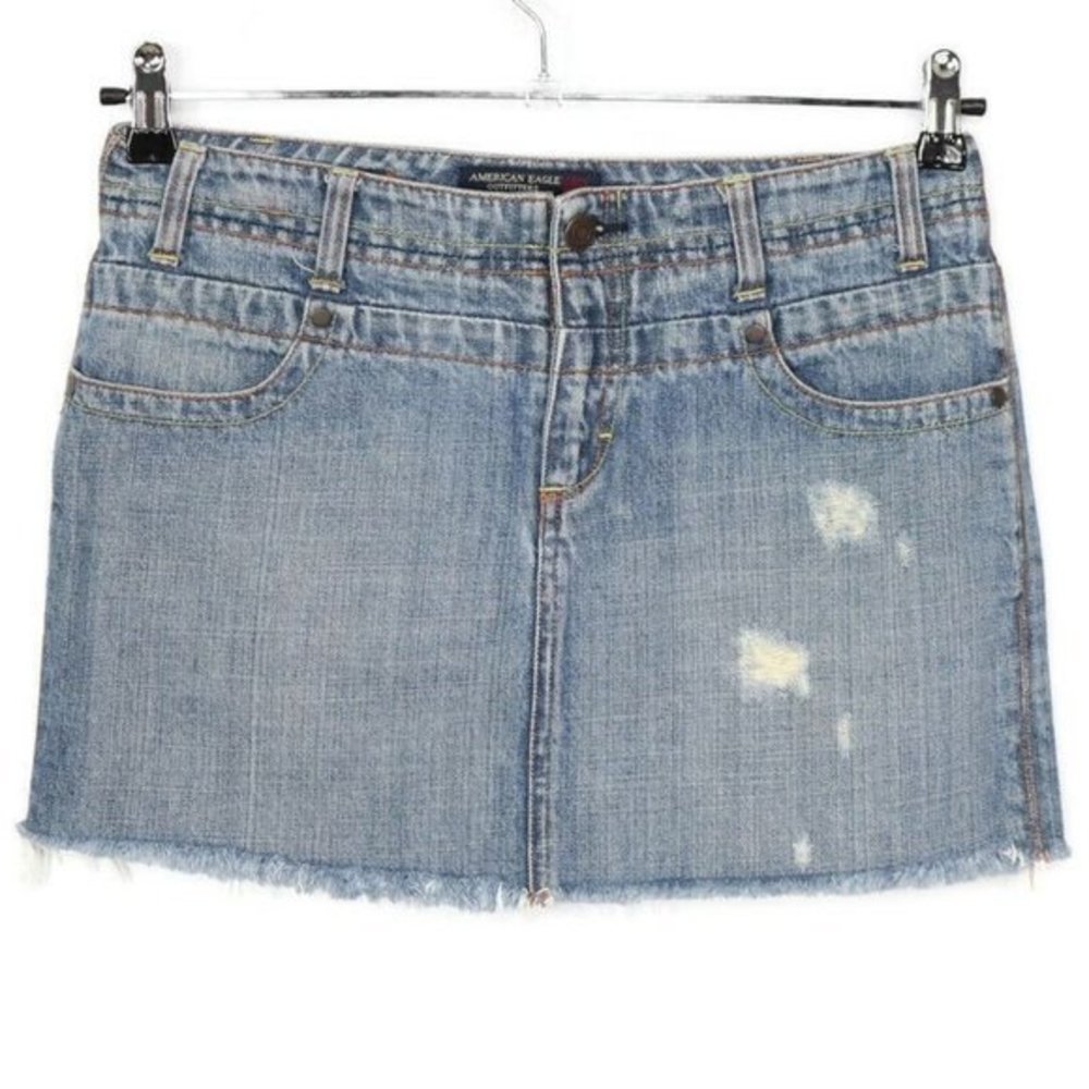 American Eagle Mini Jean‎ Skirt Destroyed Distressed Raw Frayed Hem 4